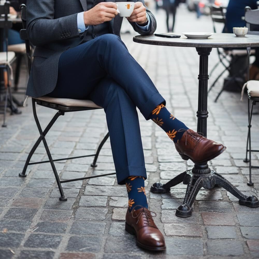 Love Sock Company Men's Navy/Orange Flower Socks 7-12 NWT - Picture 6 of 7